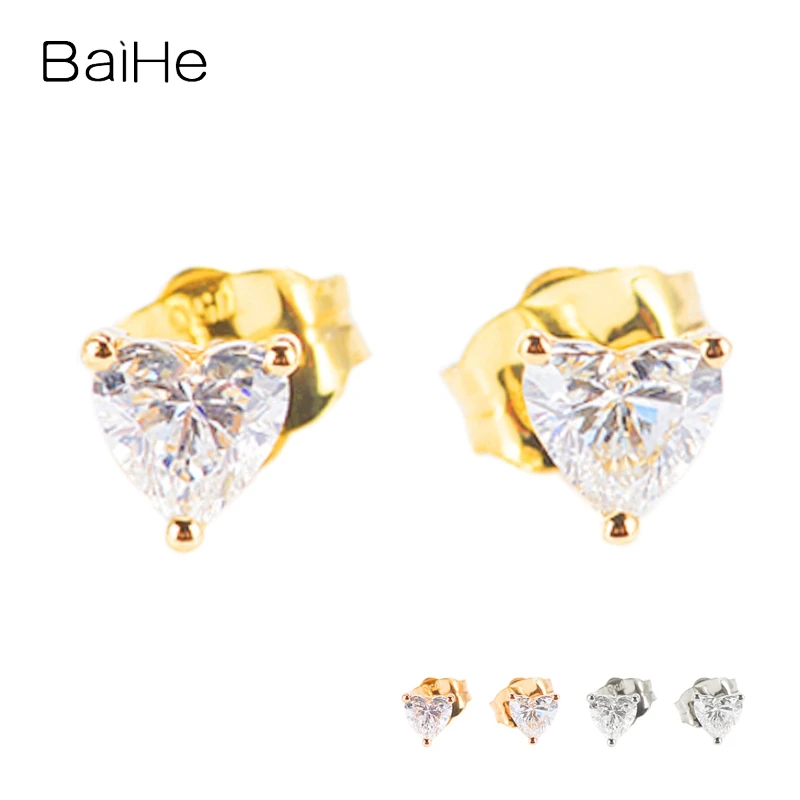 

BAIHE Solid 14K Yellow Gold H/SI Natural Diamond Heart Stud Earrings Women Men Trendy Fine Jewelry Making أقراط القلب دل کی بالی