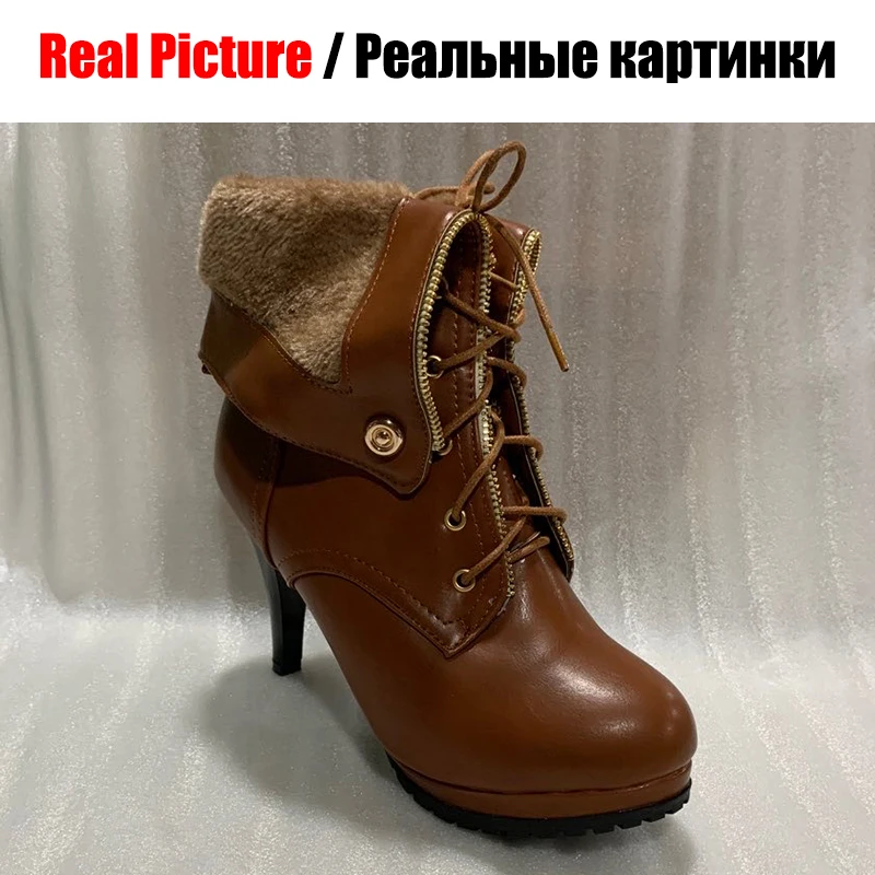 BONJOMARISA/супер теплые плюшевые пинетки, женские зимние ботинки на высоком каблуке г. Женская зимняя обувь на платформе со шнуровкой, размеры 34-43