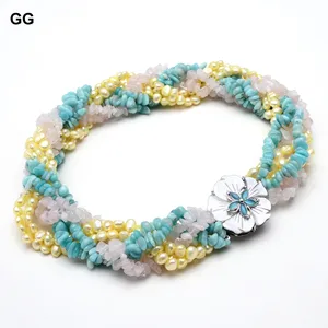 GuaiGuai Jewelry 7 Strands Natural Yellow Keshi Pearl Green Amazonites Rose Quartzs Stone Shell Flower Clasp Necklace For Women