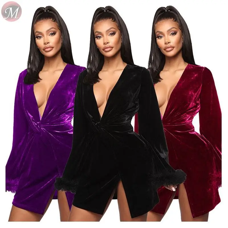 Новинка 2002 однотонное бархатное флисовое платье с V образным вырезом и бантом