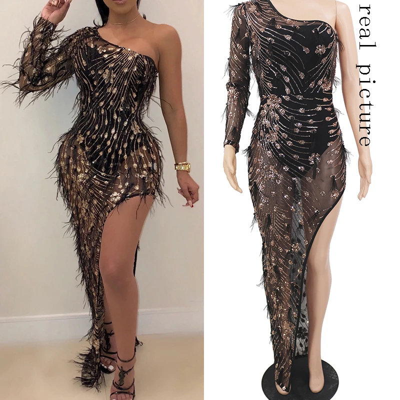Сексуальное женское облегающее черное платье vestidos, платья для вечеринок, Украинская одежда sukienki, кружевное платье с блестками и длинным рукавом - Цвет: Feathers