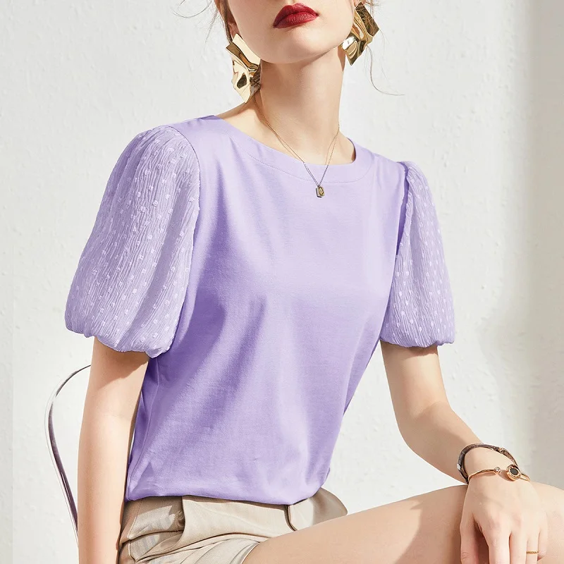 

Cold cotton short sleeve T shirt women's new summer women's loose shirt pleated bubble sleeve design round collar jacket