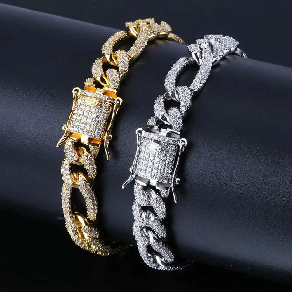 

10mm Hip Hop Micro Pave Cubic Zirconia Ice Out Bling 3:1NK Figaro Link Chain Bracelets for Men CZ Rapper Jewelry