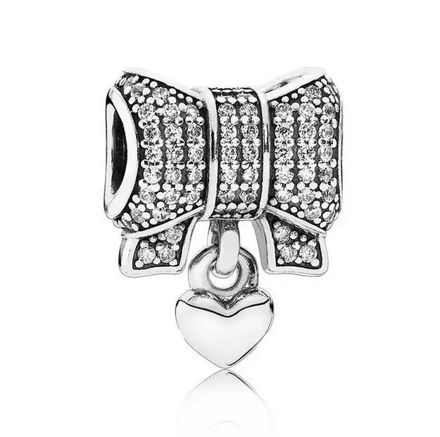 

Genuine 925 Sterling Silver Bead Charm Love Heart And Bow With Crystal Pendant Beads Fit pandora Bracelet & Necklace Jewelry