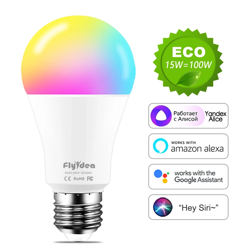 

WiFi RGB E27 LED Smart Light Bulb Colour Changing Lamp Siri Voice Control Alexa Alice Google Home Assistant APP Remote Dimmable