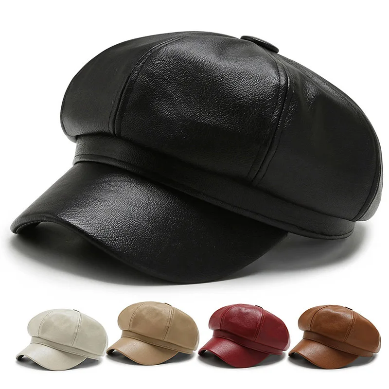 

BEAFIRY Fashion Unisex PU Leather Women Vintage Solid Hats Faux Leather Warm Hat for Party Outdoor Hats Elegant Lady Winter Caps