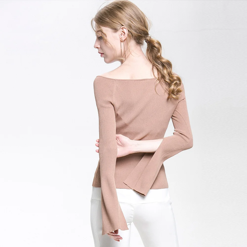 

Autumn Women Knitted Long Sleeve Side Opening One-Word Neckwear Sweater