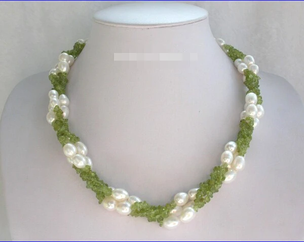 

good>>>>stunning 3rows 11mm rice white freshwater pearls green peridot necklace y447 6.07
