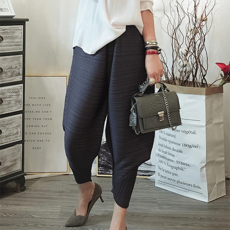 

2020 autumn winter Korean trousers Miyake pleated wide leg harem pants plus size women casual Ankle-Length lantern flare pants