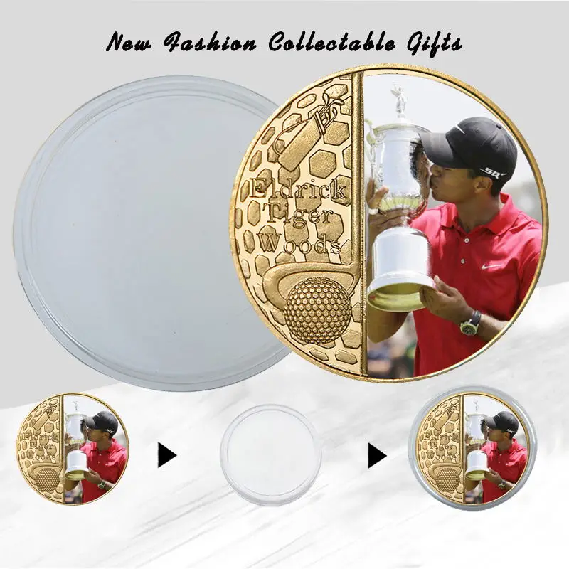 

American Golfer Tiger Gold Plated Commemorative Coins US Famous Athletes Golf Collectible Sports Challenge Coin Souvenir Gifts