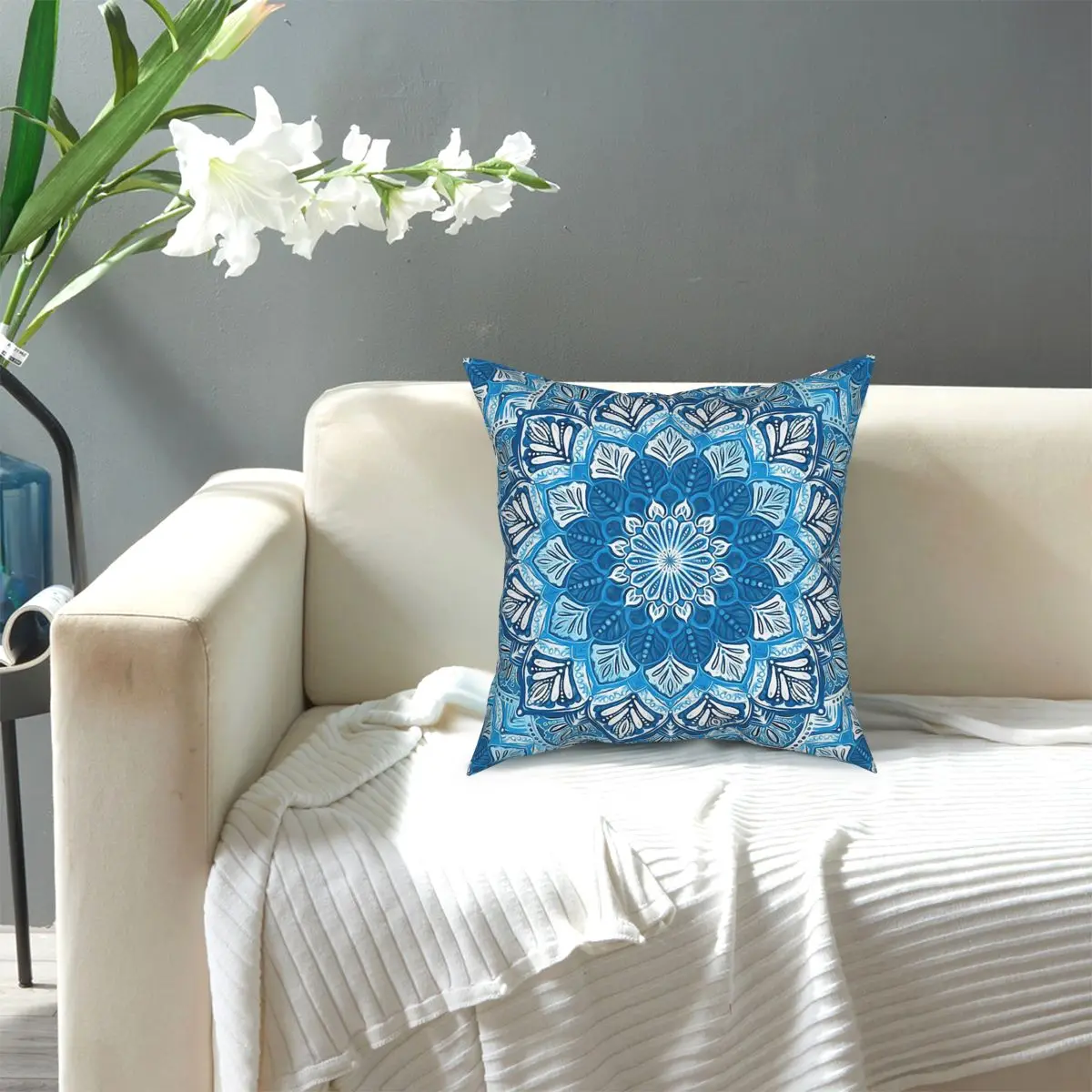 

Decorative Boho Boho Mandala In Monochrome Blue And White Throw Pillo Square Pillow Case Cushions for Sofa Custom Cushion Covers