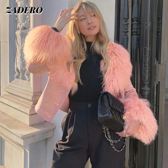 

Y2K Pink Fashion Leather Jackets Women Autumn Winter Faux Fur Collar Long Sleeve High Street Single Breasted Elegant Outerwear