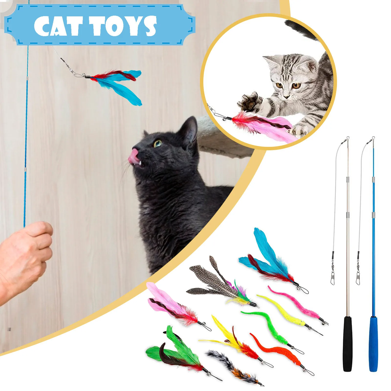 

Interactive Catcher Teaser and Funny Exercise for Kitten or Cats 2PCS Retractable Cat Wand Toys and 10PCS Replacement Teaser