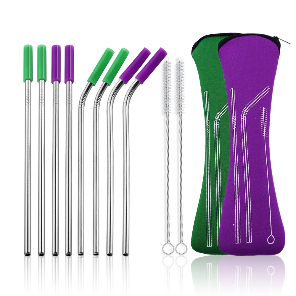 Green and purple 8 шт 304 из нержавеющей стали соломинки многократного использования прямой изогнутой соломы с сумкой для хранения щетка для чистки путешествий домашней соломинки - Цвет: Green and purple