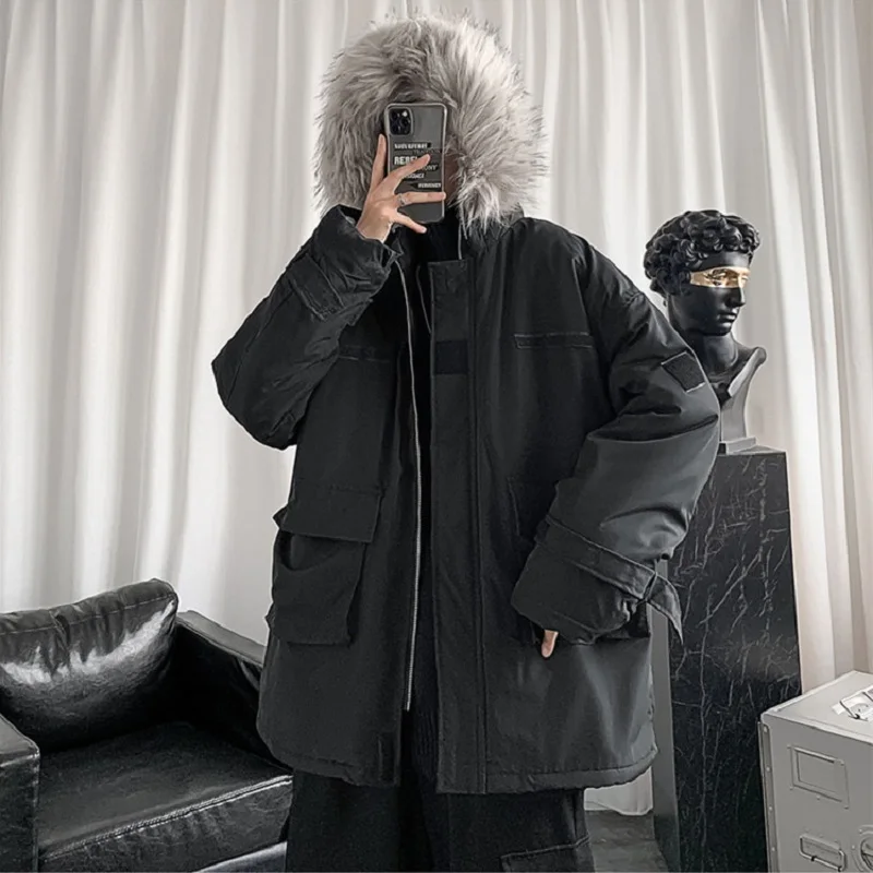 Winter Coat Men's Fashion Multi-pocket Tooling Bread Suit Hong Kong Style Loose Trend Big Fur Collar Warm Jacket Men Clothing