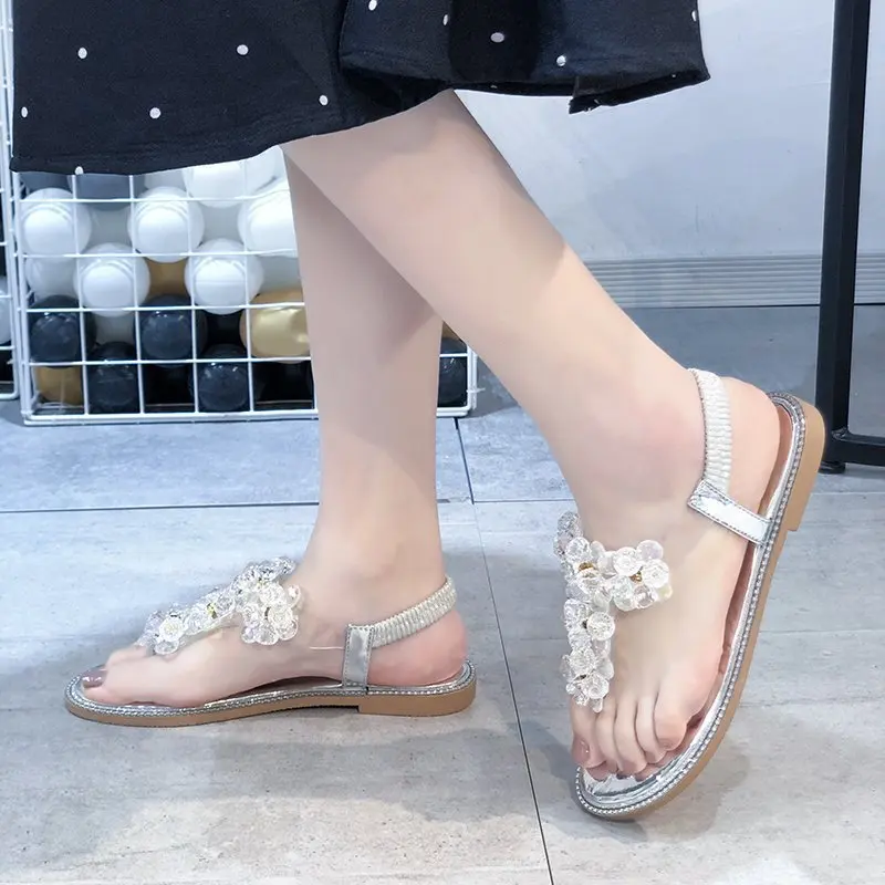 

Beige Heeled Sandals Slip-on Loafers Summer Women's Female Shoe Large Size Black Elastic Band Flat Girls Fashion Rhinestone Clea