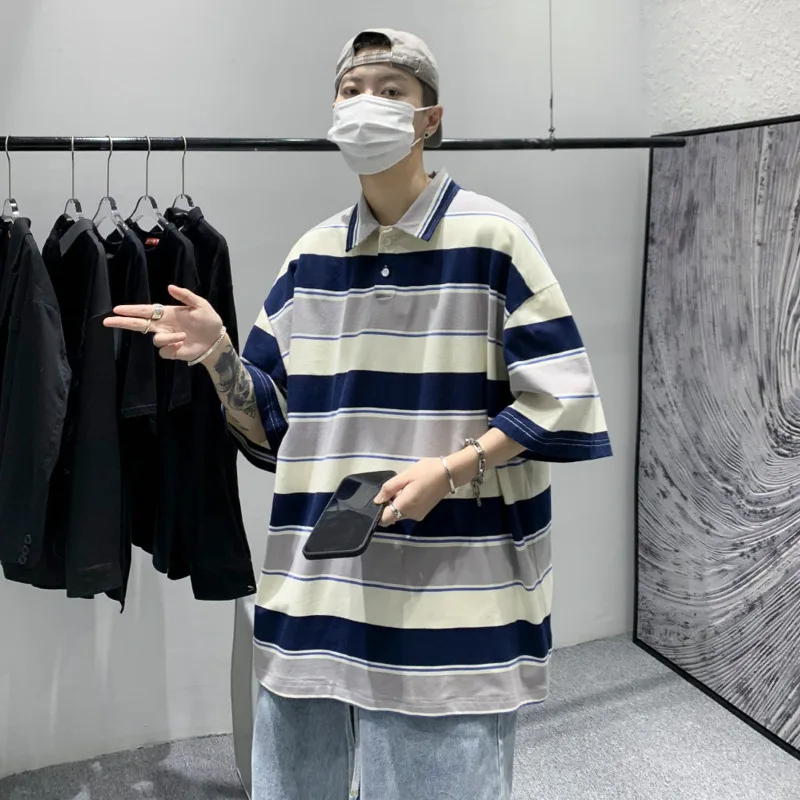 

Summer Cotton Short-sleeved T-shirt Men's Fashion Casual Lapel T Shirt Men Streetwear Korean Loose Striped Tshirt Mens M-2XL