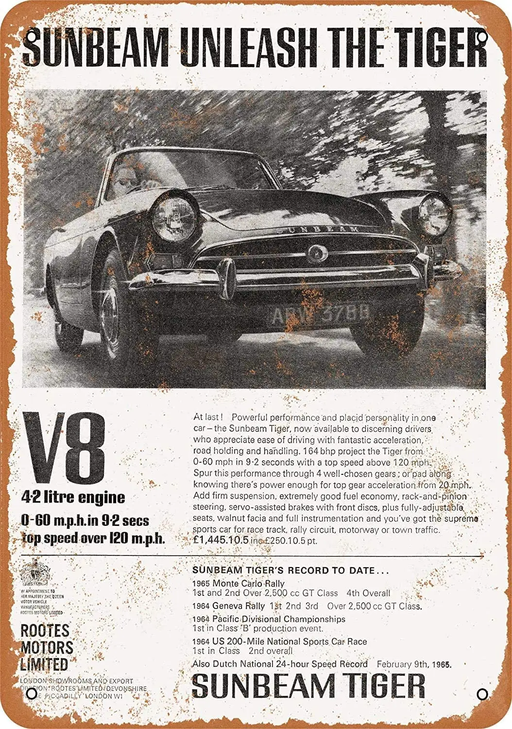 

Nxsbns 1965 Sunbeam тигровый металлический жестяной знак 12X8 дюймов винтажный Настенный декор