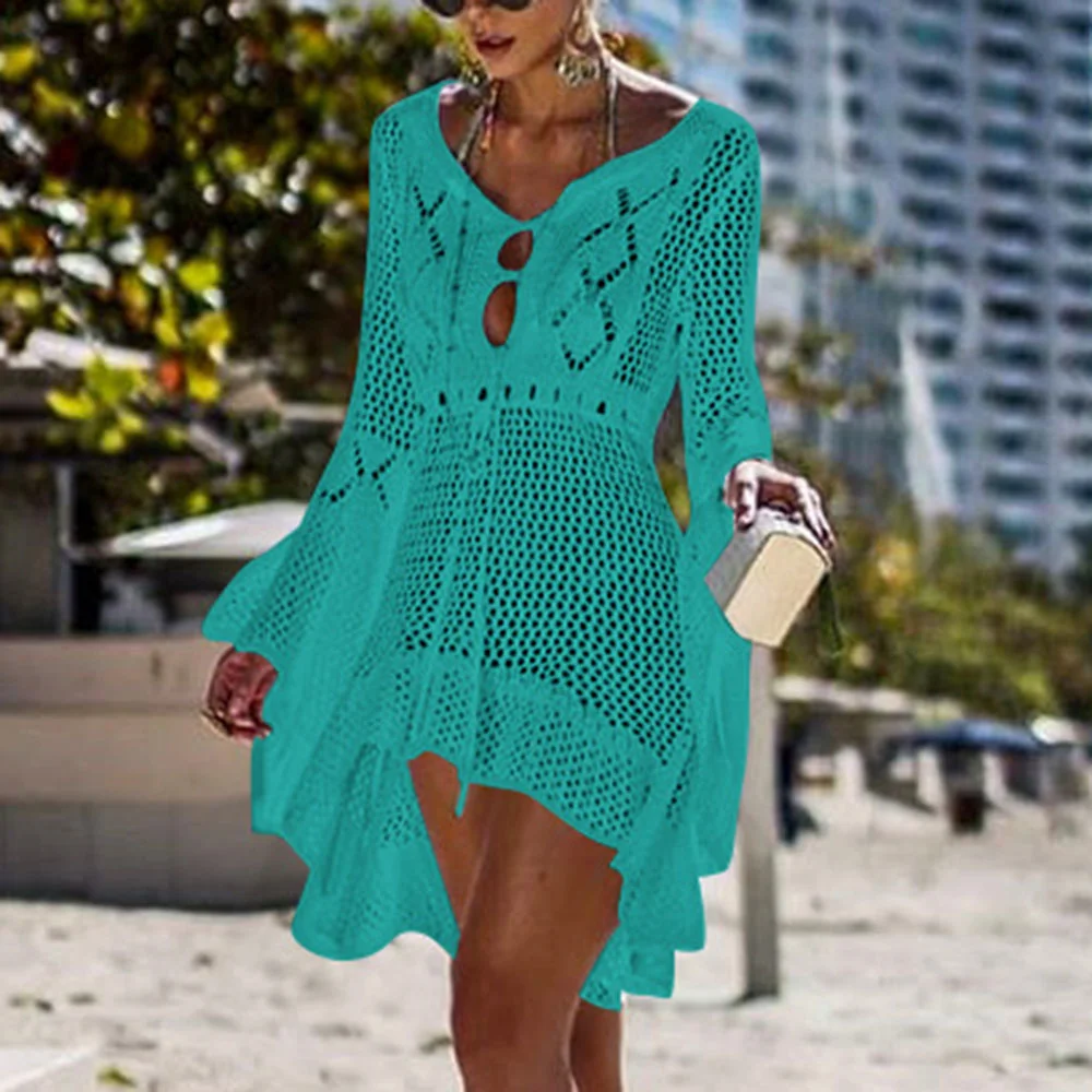 

Loozykit Women Crochet Knitted Cover Up Dress Beach Tunic Long Pareos Bikini Cover Bathing Suits Beachwears Robe Plage