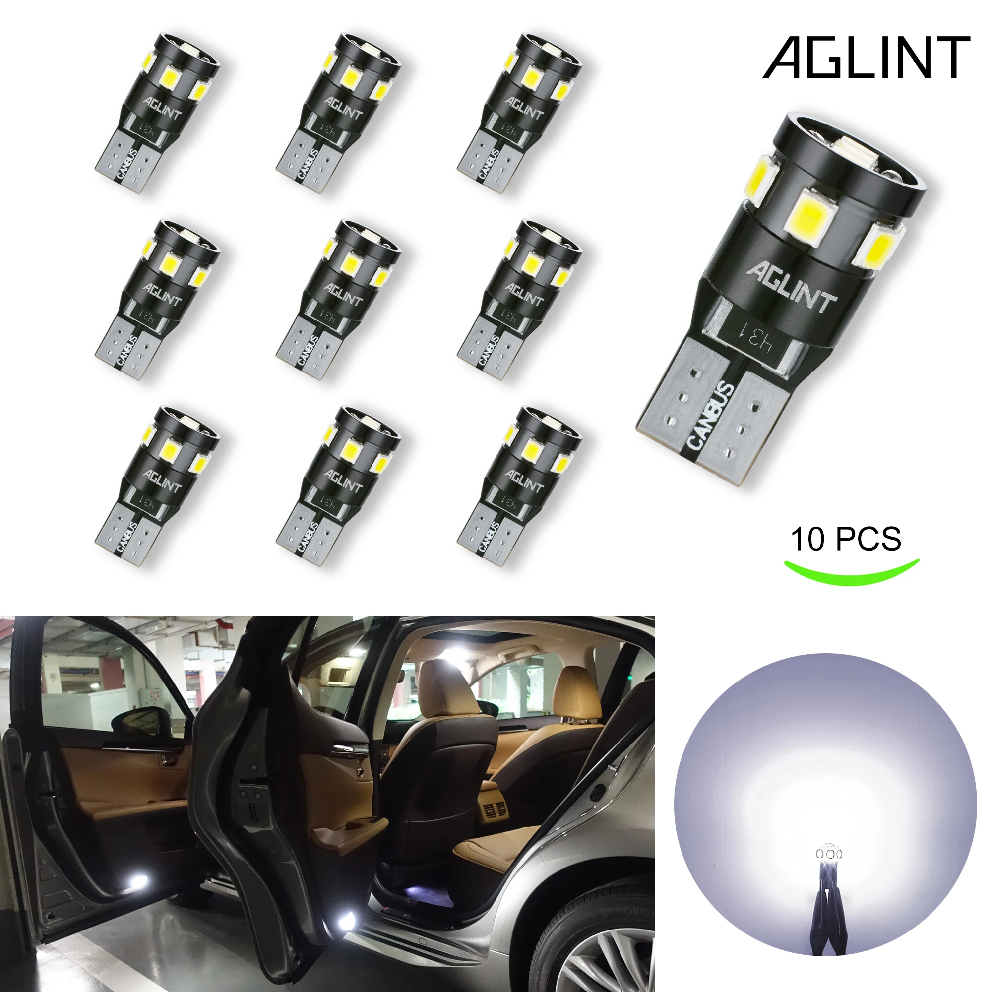 

AGLINT 10pcs Led T10 Canbus Error Free W5W 194 168 2825 9-SMD Bulbs For Car Dome Map Door Trunk License Plate Lighs White 12V