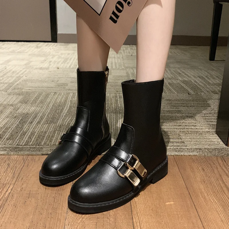 

Осенняя обувь, женские модные брендовые полуботинки со шнуровкой, женские ботинки с металлической пряжкой, черные ботинки