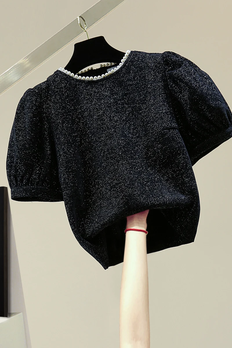 

Women T Shirt Beads Bright Silk Short Sleeve T-shirt 2021 Spring Summer Loose Retro Corduroy Puff Sleeve Casual Top Femme Tshirt