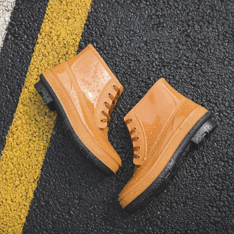 

Men's Rainboots Waterproof Spring Winter Rain Shoes Men Platform Rain Boot Boy Water Rubber Black Ankle Boots Lace-Up Shoes