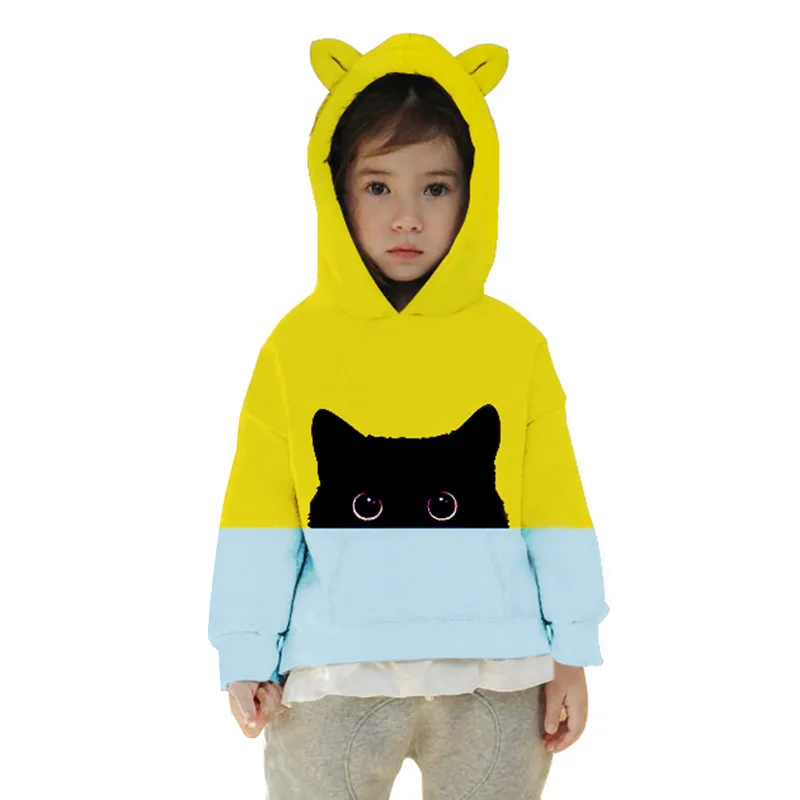 RAISEVERN Cat Print Cat Ear Children Hoodies Unisex Animal Printed Hooded Kids Girls Boys Sweatshirts Jackets Autumn