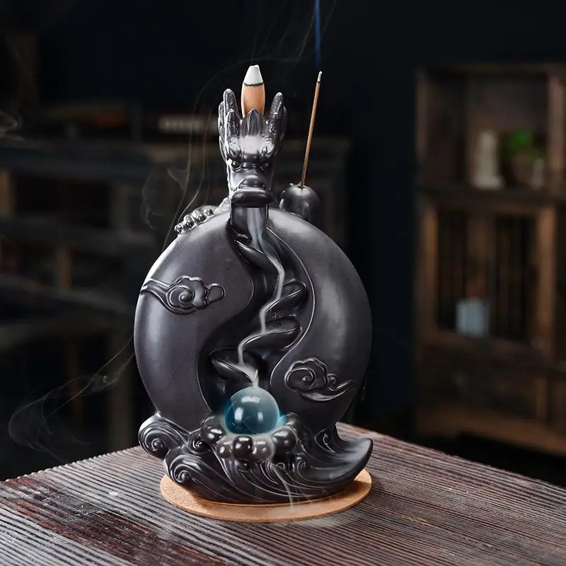 

Dragon Backflow Incense Burner With Crystal Ball Porcelain Censer Crafts Smoke Waterfall Incense Sticks Holder With 20 Pcs Cones