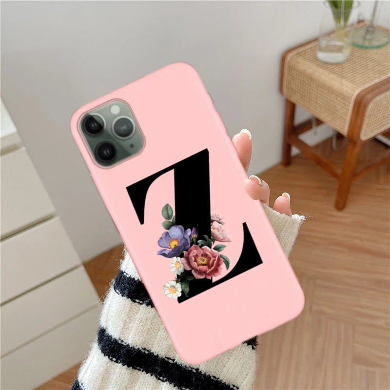 

Candy soft tpu Phone Case For iPhone 11 Pro Max 12 Pro XS Max X XR 12Mini 26 Initial Black Letter A Z B flowers Couples Cover