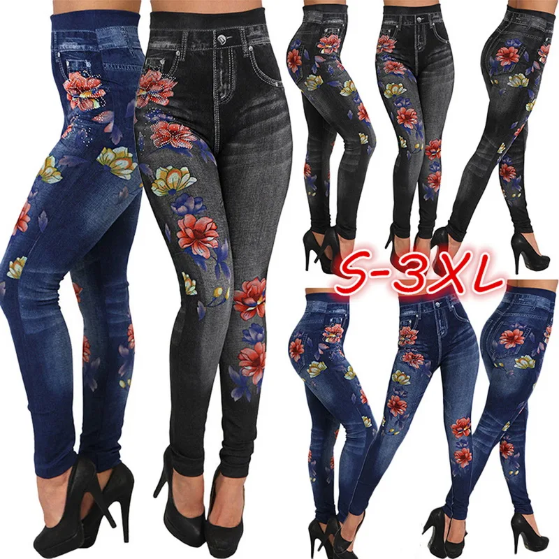 

Fashion Slim Women Leggings Floral Print Pencil Faux Denim Jeans Leggings Casual Women Clothing Plus Size Pencil Pants