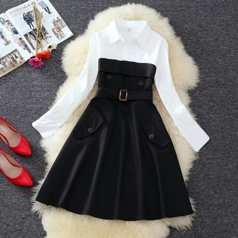 Платье женское с карманами приталенное элегантное офисное платье-рубашка поясом