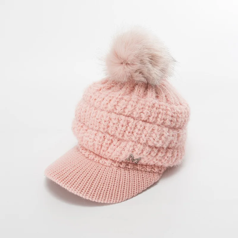 

Fashion Women Warm Hat Casual Winter Skullies Beanies Velvet Padded Caps Knitted Wool Hats Rabbit Fur Ball Cap For Lady Girls