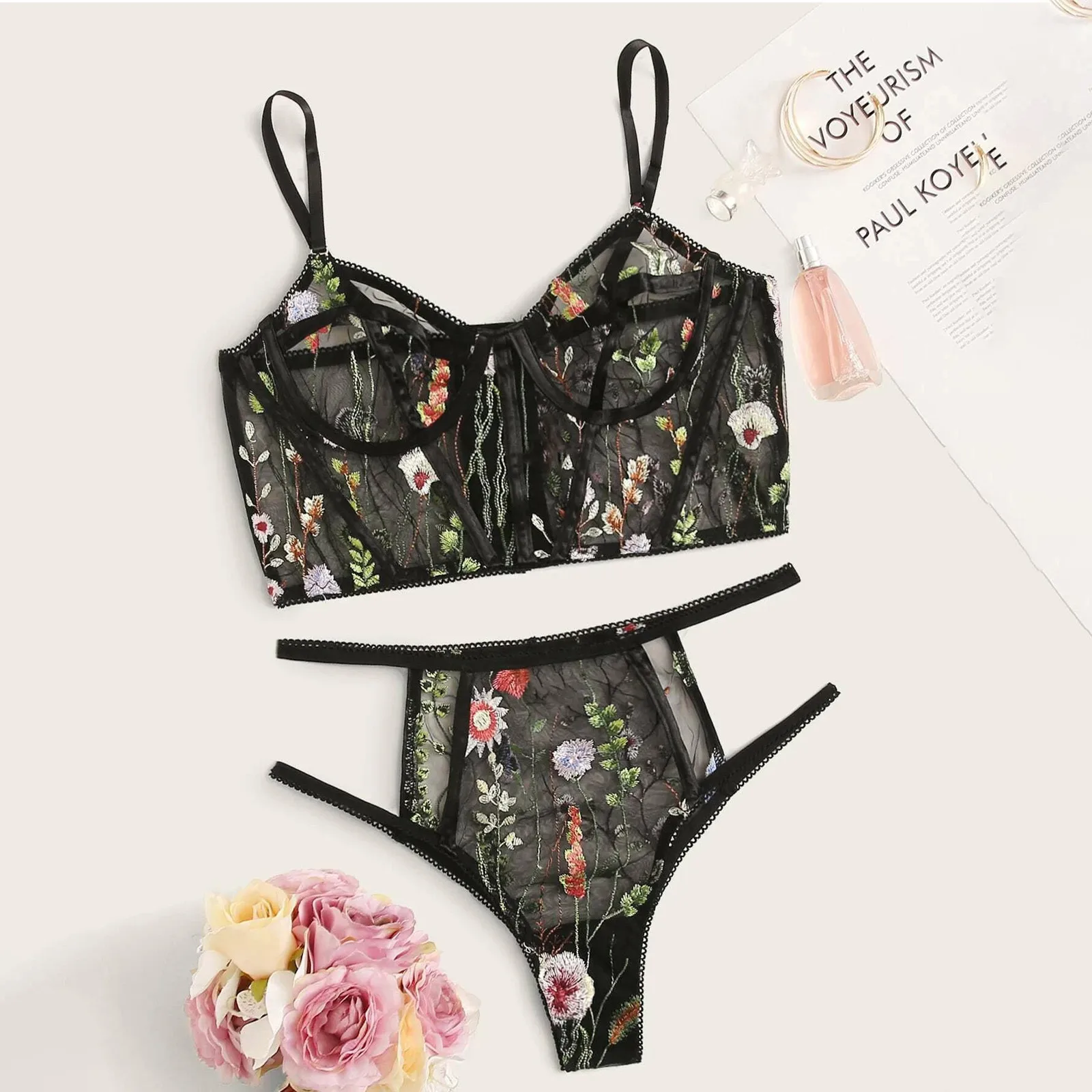

Women Underwear Flower Embroidery Lace Lingerie Ladies Sexy Temptation See-through Underwear Floral Embroidery Mesh Underwear
