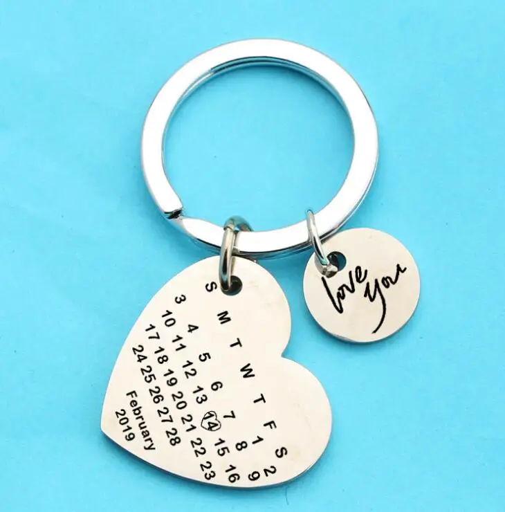 personalized calendar keychain Peach Heart Stainless Steel Valentine's Day Couple Keychain 2019 2.14 Calendar | Украшения и