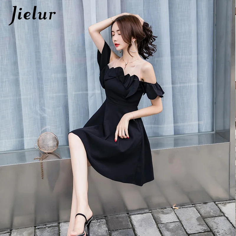 Женское кружевное платье с рюшами Jielur черное облегающее трапециевидной формы