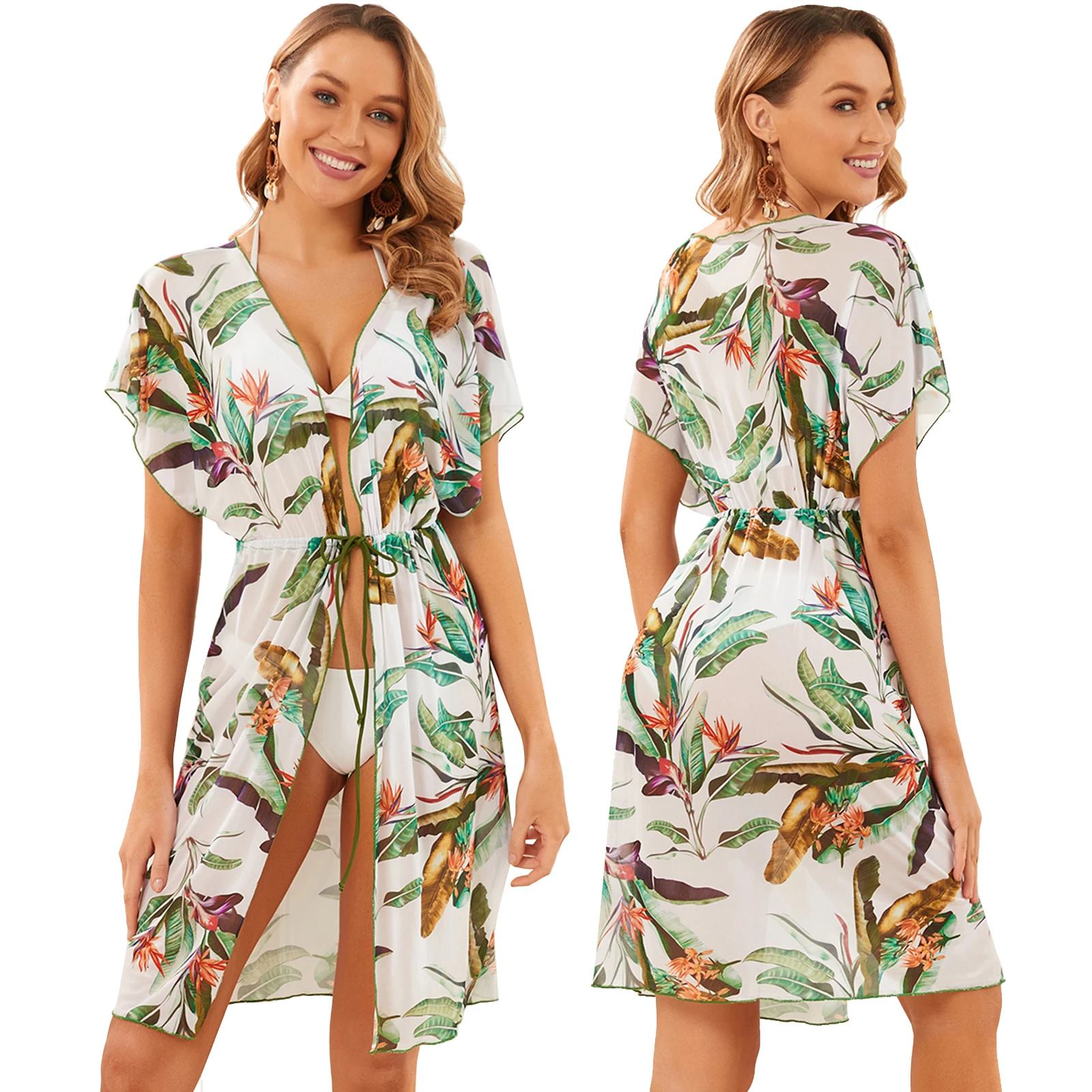 

Womens Summer Bikini Cover-Up Fashion Printing Perspective Bandage Short Sleeve Swimsuit Smocks