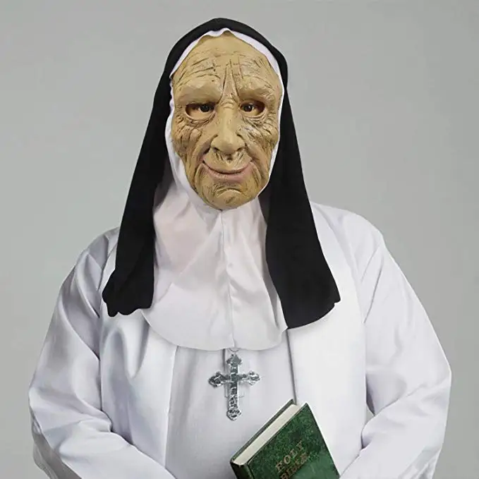 Molezu The Nun Mask with Veil Halloween Latex Costume Props Old Woman Face Mask with Headscarf