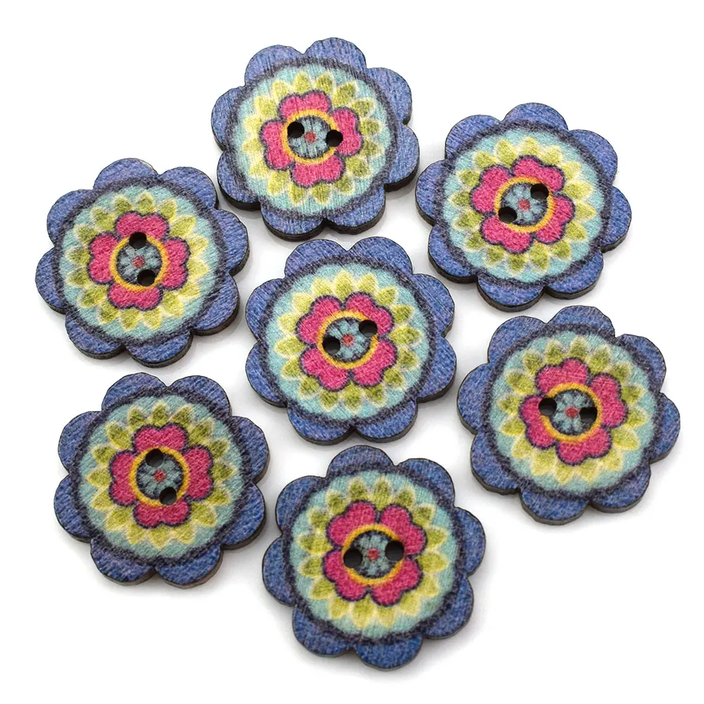 50 шт. 2 отверстия темные смешанные деревянные пуговицы в виде цветка шитье