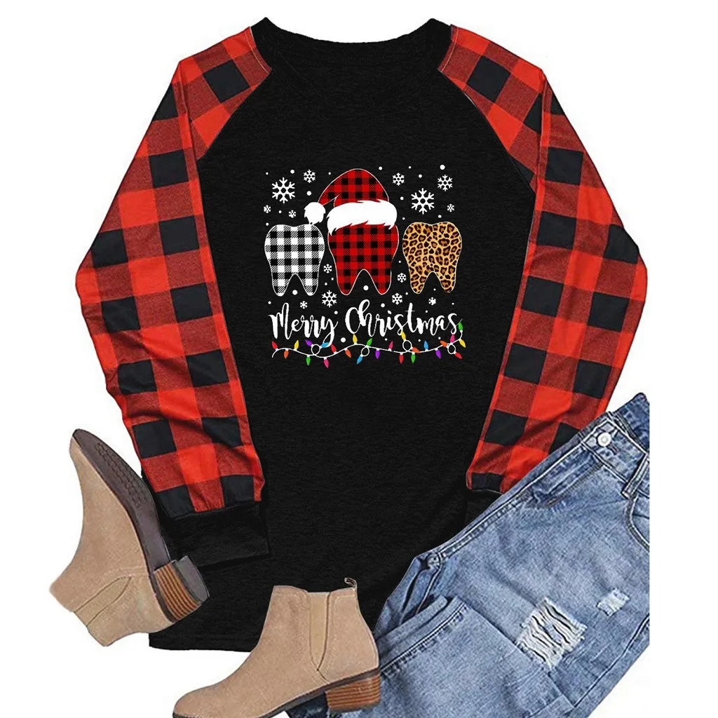 Женский Повседневный Рождественский свитер в клетку с длинным рукавом реглан 2020