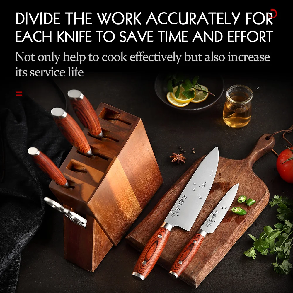HEZHEN-Juego de cuchillos de acero inoxidable, herramientas de cocina de nogal, con soporte para cuchillos, 7 piezas-3