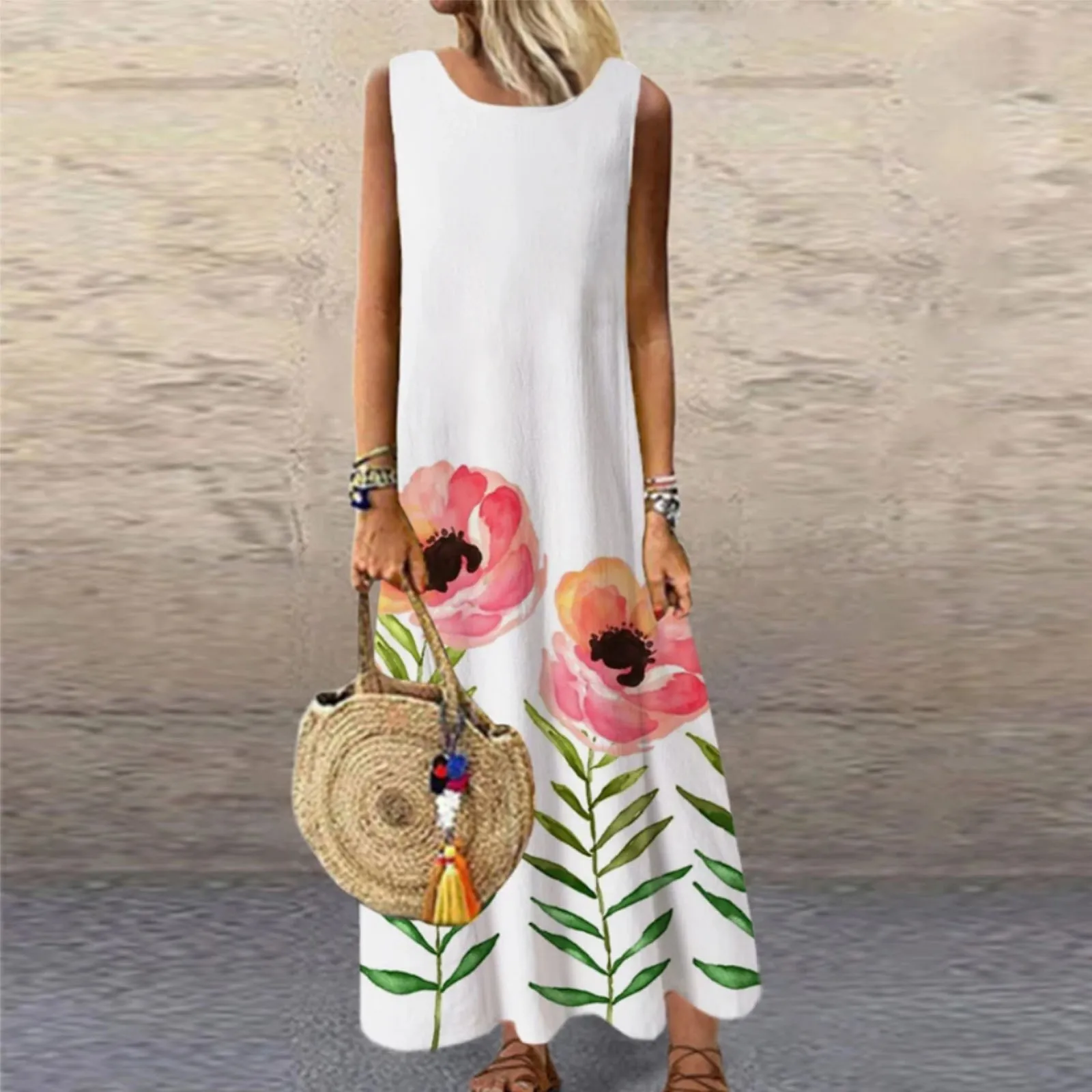 Летнее женское свободное Повседневное платье с рисунком юбка без рукавов