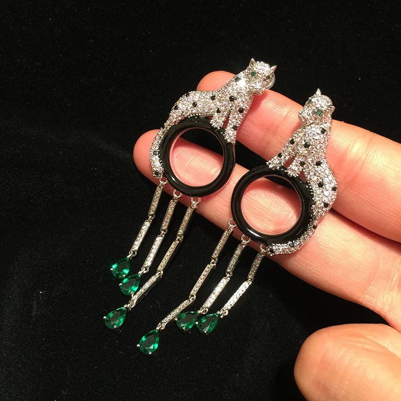 

European and American leopard circle tassel earrings long luxury elegant exaggerated large earrings S925 silver needle