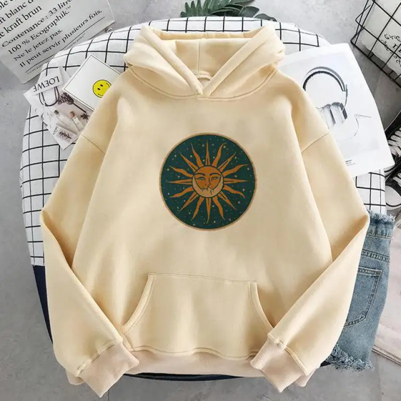 

Gothic Sun Moon Print Hoodie Women Streetwear Winter 2021 Harajuku Super Dalian Hat Women Sweater Couple Loose Women's Jacket
