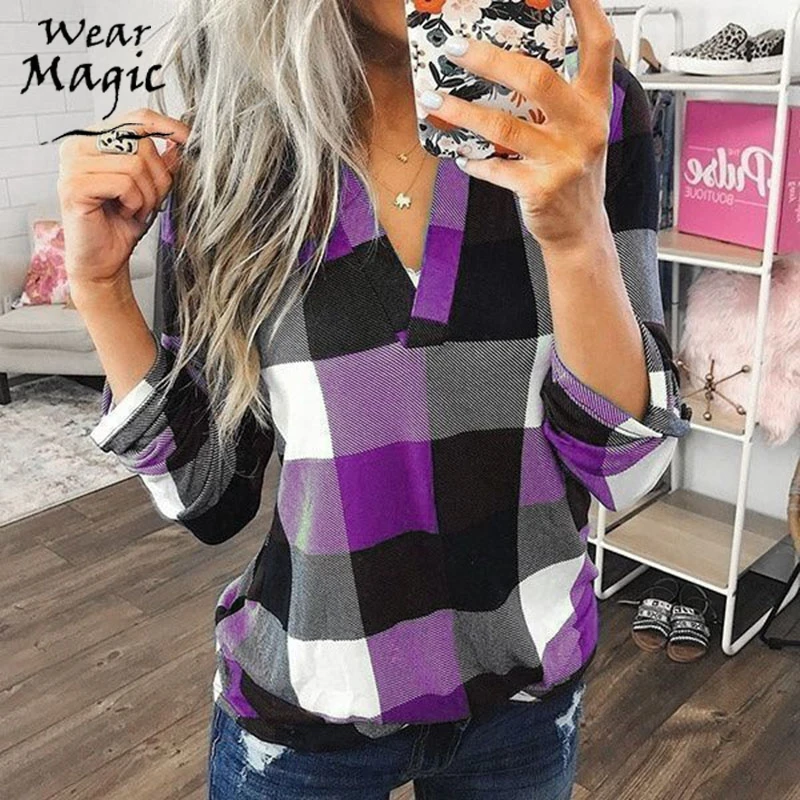 

Europe And America WOMEN'S Dress New Style Hot Selling Spring And Autumn Casual Shirt Plaid Printed V-neck Long Sleeve