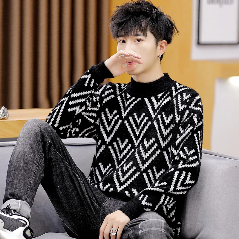 

Mens Mandarin Collar Cotton Pullover Autumn Winter Warm Patchwork Thick Long Sleeve Slim Fit Clothes Knitted Casual Male Sweater