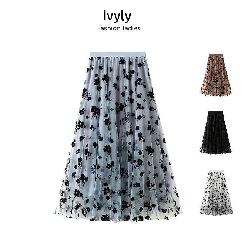 

Женская длинная фатиновая юбка-пачка средней длины, черная плиссированная бальная юбка с высокой талией и цветочным принтом, лето