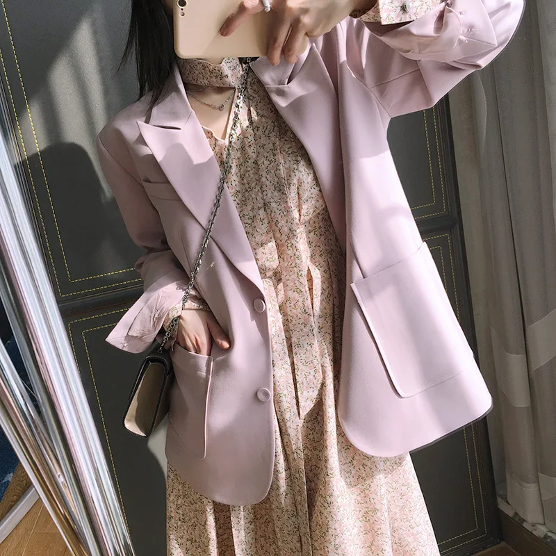 

2021 Outerwear Black Spring Jacket Female Oversize Pink Long Sleeve Blazer Female Casual Loose Women's Spring plus size clothing