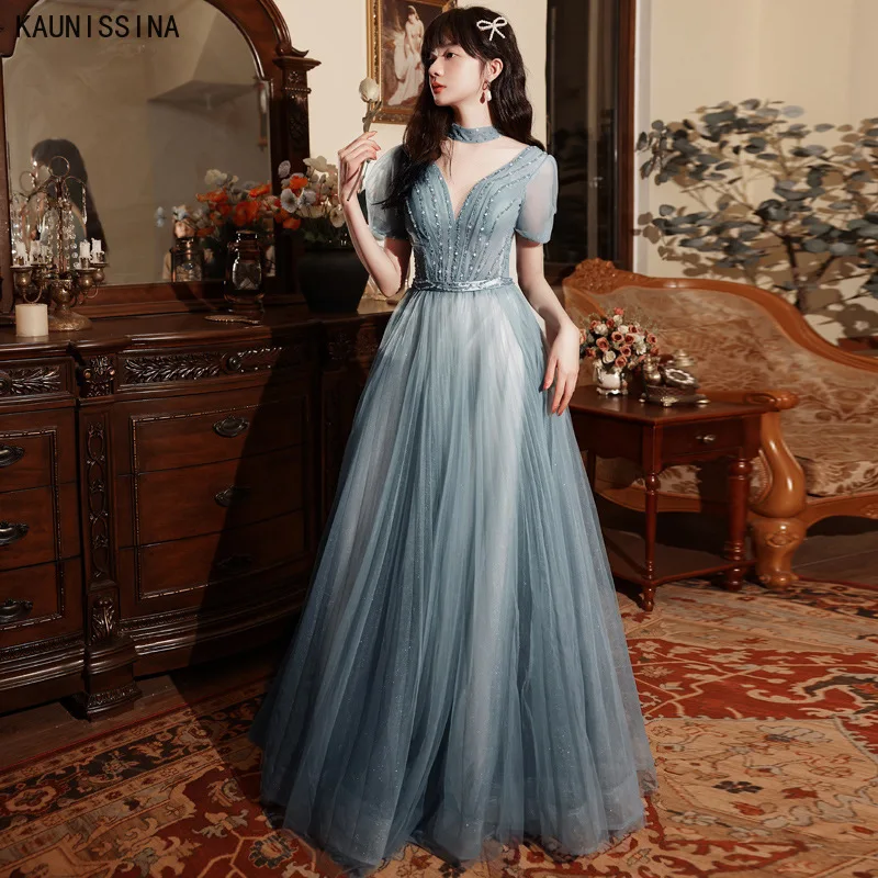 

KAUNISSINA вечерние платья длинное роскошное торжественное платье женское элегантное расшитое бусинами Платье трапециевидного силуэта с фатиновой юбкой в пол-Длина Выходные туфли на выпускной бал вечерние платья