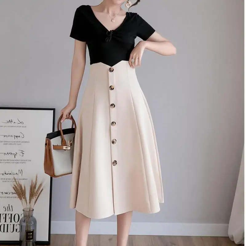 

Women Spring Button Pleated Skirt Casual Sweet High Waist Skirts Summer Slim Solid Color Skirts